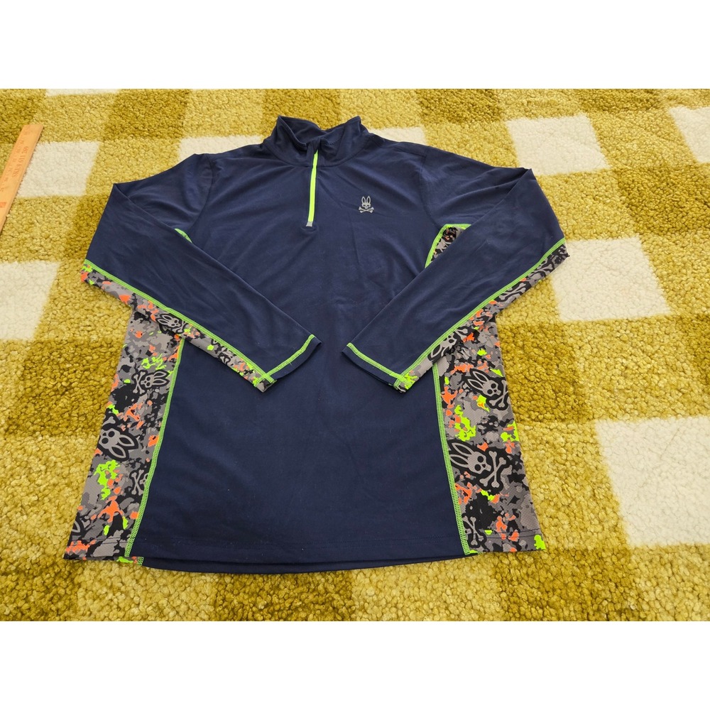 Psycho Bunny Mens Navy Blue Neon Camo Skull Quarter Zip Pullover Size M